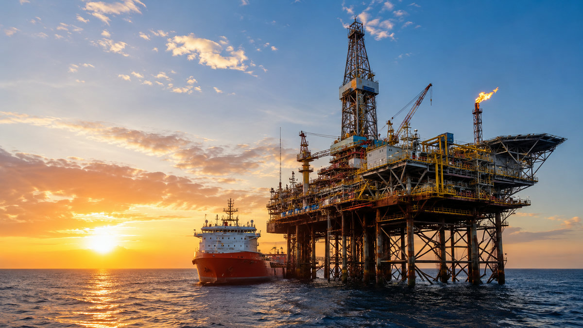 Offshore oil rig and supply vessel at sunset