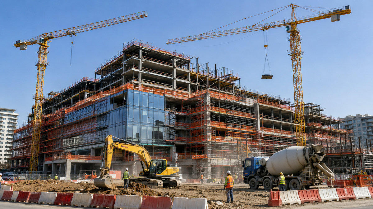 Large construction site with tower cranes and excavation