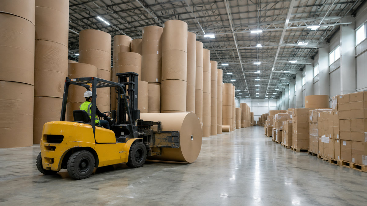 Paper roll warehouse — forklift handling large kraft paper rolls
